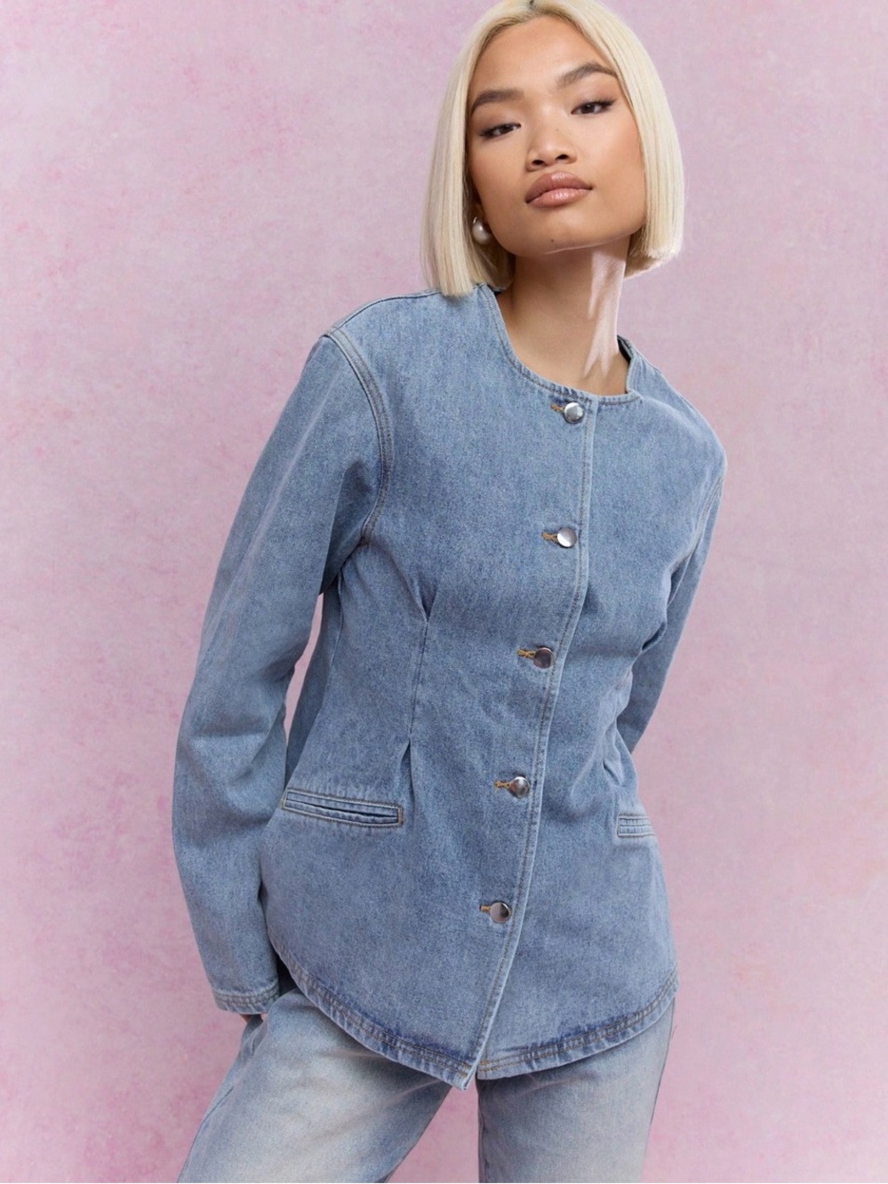 Missguided Dark Blue Collarless Denim Jacket